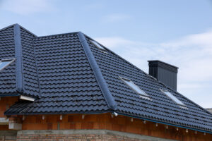 A modern home features a newly installed black tile roof with skylights under a bright blue sky, showcasing elegant design and craftsmanship
